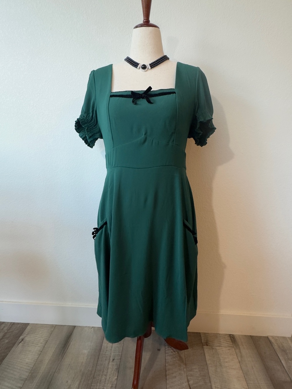 Hell Bunny Forest Green Square Neck Midi Dress
